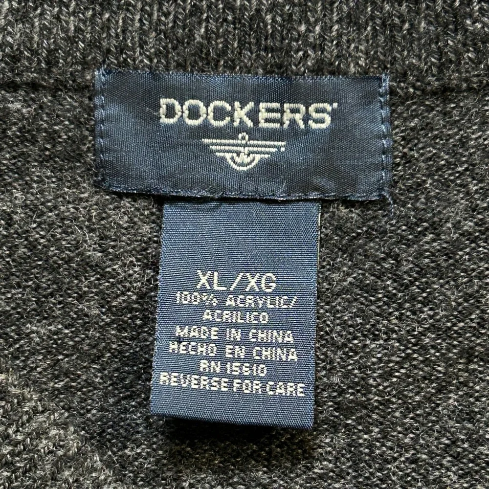 Vintage Y2K Dockers Sweater Vest Textured Grid Knit V-Neck Charcoal Grey XL